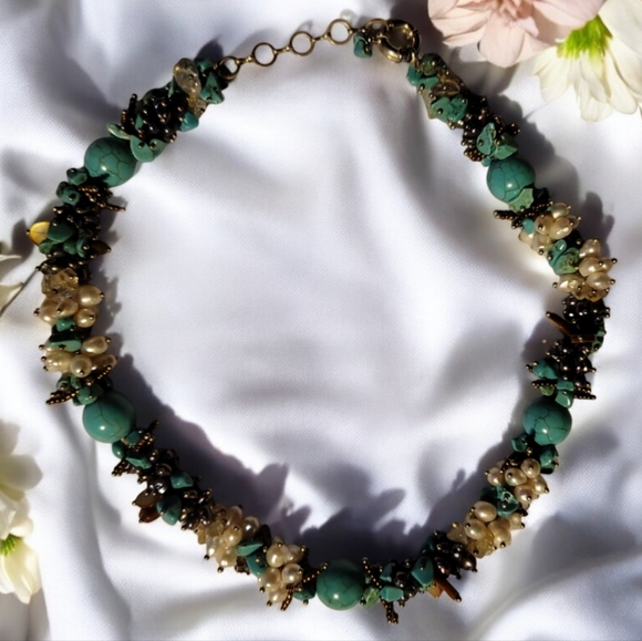 Genuine .925 Sterling Silver Necklace Czech Glass Seed Beads Pearl Turquoise - Picture 2 of 6